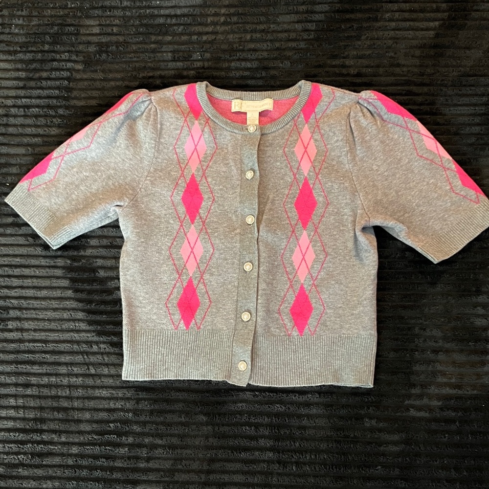 Women's Pink and Gray Argyle Button Down Cardigan